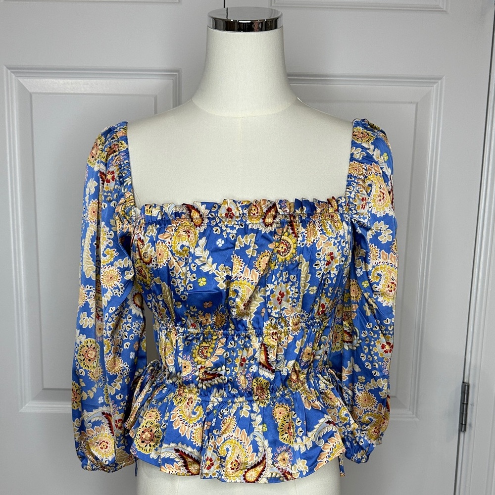 NWPT Lulus Floral Crop Top Boho Paisley Satin Blue Square Neck Blouse Size S